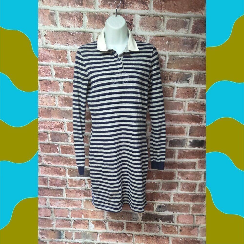 Guideboat Rugby Polo Mini Dress | Women’s Small | Gray Navy‎ Striped Long Sleeve